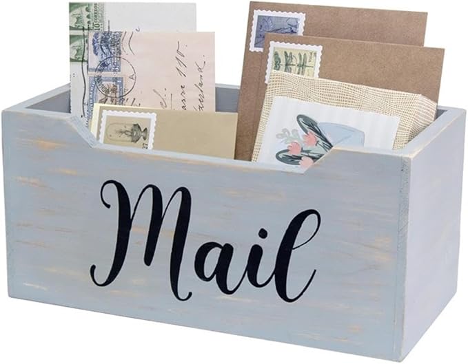 Elegant Designs HG2010-GMB Rustic Farmhouse Wooden Tabletop Black Script Word Mail Organizer Box, Letter Holder Office Accessories Décor, Gray Wash