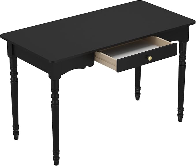 Timechee 47 inch Study Computer Desk, Black Office Work Desk with a Storage Drawer for Bedroom, Mid-Century Modern Computer Study Writing Table with Roman Column Legs for Home Office, Living Room