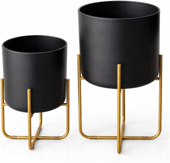 Kirpi Modern Planter Pots, Set of 2 Round Black Planters with Gold Stand, Decorative Floor Planters, Metal Pots with Drainage Holes for Living Room, Office, Garden, Balcony, 7 and 9 Inch Diameter