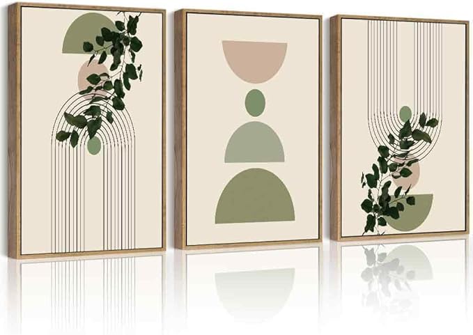 Drsoum Green Botanical Plant Wall Decor Framed Modern Boho Sage Wall Art Abstract Geometry Lines Prints Ready to Hang 11x14in Natural Framed