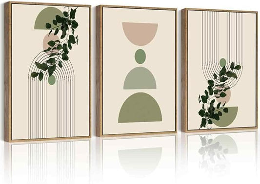 Drsoum Green Botanical Plant Wall Decor Framed Modern Boho Sage Wall Art Abstract Geometry Lines Prints Ready to Hang 11x14in Natural Framed