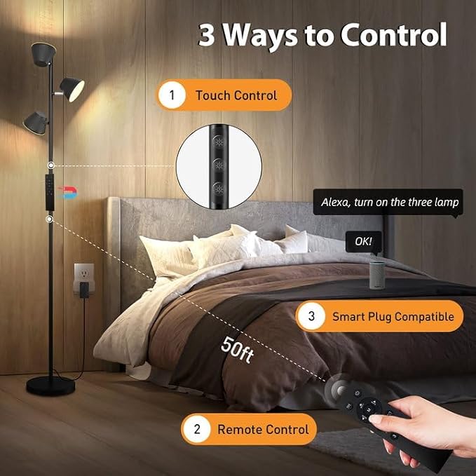 LED Tree Floor Lamp 42W, 4200 Lumens Super Bright Floor Lamps for Living Room with Remote & Touch Control, 3 Rotatable Lights 4 Color Temperatures, Modern Tall Standing Lamp for Bedroom Office