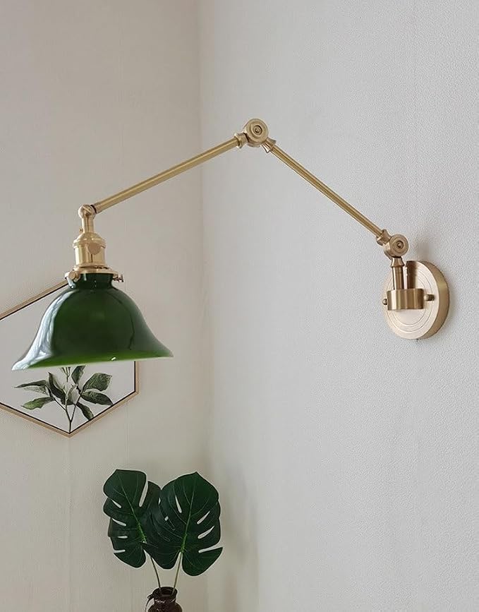 Adjustable Swing Arm Wall Lamp with Green Glass Shade, Brass Finish, Industrial Retro Style, Rotatable Wall Sconce for Bedroom Bedside Reading