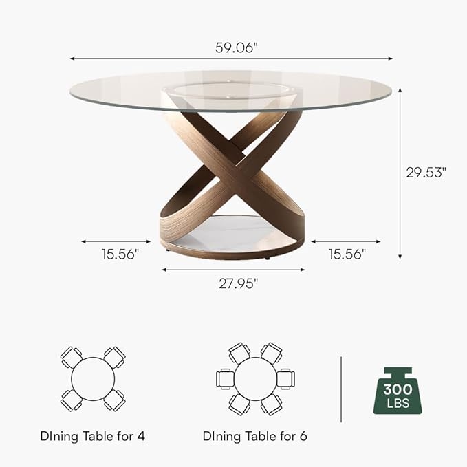 POVISON 59" Modern Round Dining Table, Glass Round Kitchen Table for 6, Glass Dining Room Table Top with Bronze X Carbon Steel Base for Dining Room (Dining Table Only)