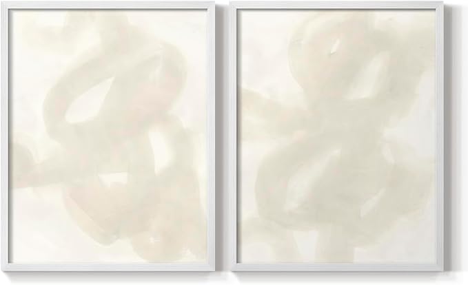 Renditions Gallery Set of 2 Peel & Stick Framed Prints, Abstract Wall Art, Beige and White Aesthetic Wall Decor, Re-Stickable - Ready to Hang - 11"x14" - White Frame LT588