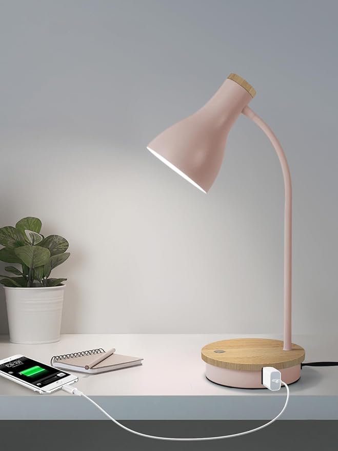 LALISU Metal Desk Lamp Wireless Charging Table Lamp Touch Reading Lights Arc Desk Lamps for Bedroom, 3 Way Dimmable Bedside Lamp with USB Charging Ports Lamp for Study Room and Office (Touch-Pink)