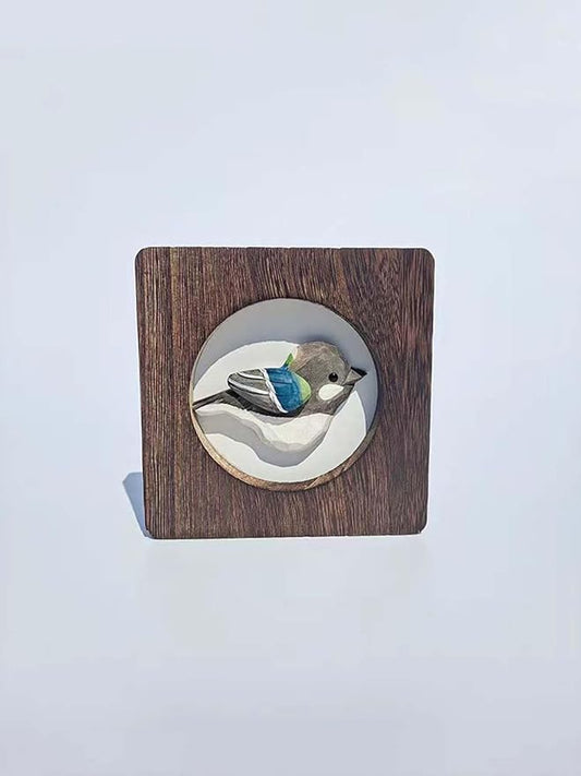Wood Bird Sculpture with Frame, Cute Hand Carved Bird Wall Art Bird Wall Decor Wooden Wall Decor Desk Table Ornament Office Home Décor Bird Gift (Grey)