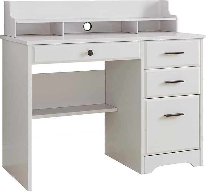 4 EVER WINNER White Desk with Drawers, 44 Inch Small Computer Desk with File Drawer and Monitor Stand, Wood Desk with Storage Shelf for Small Spaces, Living Room, Bedroom, White