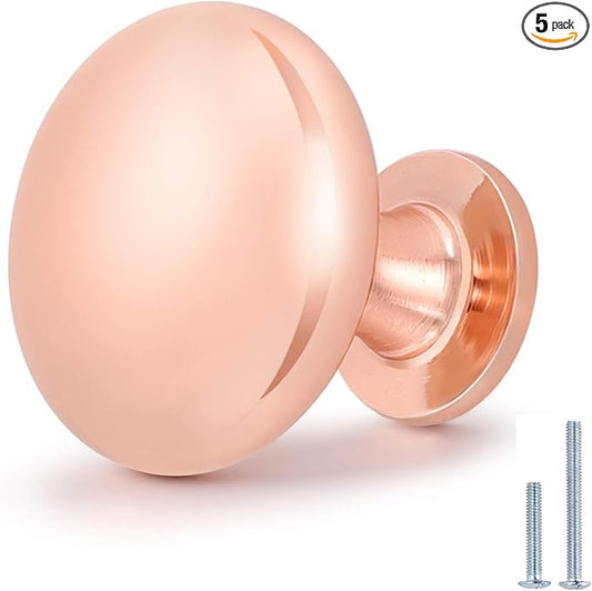 5 Pack Solid Rose Gold Kitchen Cabinet Knobs, Round Drawer Dresser Knob and Pulls, 1-1/5 Diameter