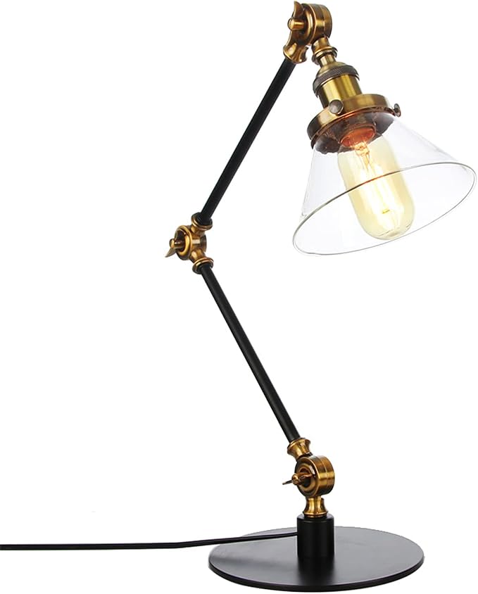 Table Lamp, Adjustable Swing Arm Metal Desk Lamp with Clear Glass Shade, Vintage E26 Reading Light for Bedroom or Bedside