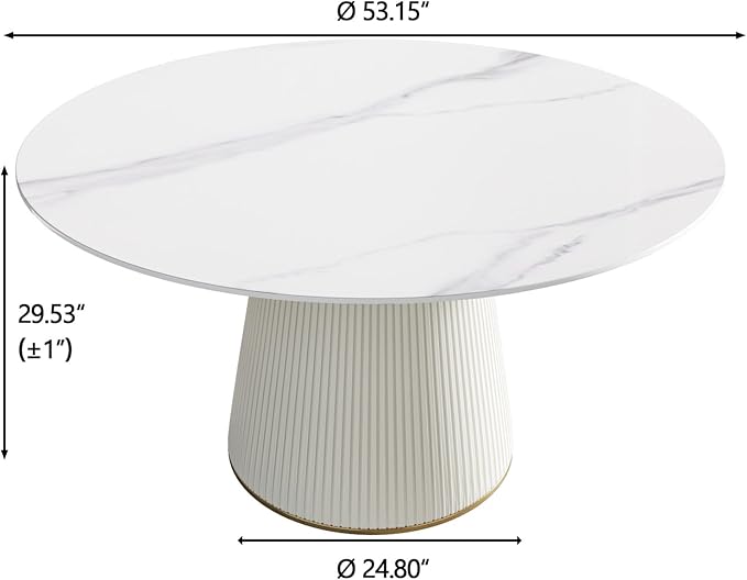 Montary 53” Modern Round Dining Table for 4-6 People, Minimalist Artificial Marble Kitchens Table with Beige Plywood PU Base, Snow Mountain White Sintered Stone Top Dining Room Table