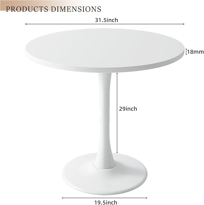 Round Dining Table 31.5" Circle Tulip Table with Wood Thickened Tabletop & Sturdy Metal Pedestal Mid Century Modern Leisure Bistro Kitchen Tables 4 People Small Places Living Room Cafe,White