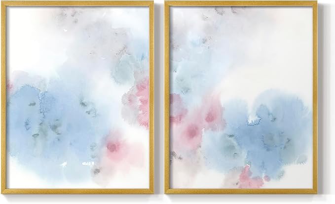 Renditions Gallery Set of 2 Peel & Stick Framed Prints, Watercolor Abstract Wall Art, Cotton Candy Splash Wall Decor, Re-Stickable - Ready to Hang - 8"x10" - GOLD Frame LT588
