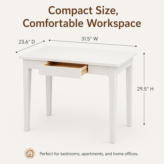 Mid Century Modern Desk with Drawers,31.5 inch Solid Wood White Writing Desk for Home Office Bedroom,Small Computer Desk for Spaces Easy Assembly