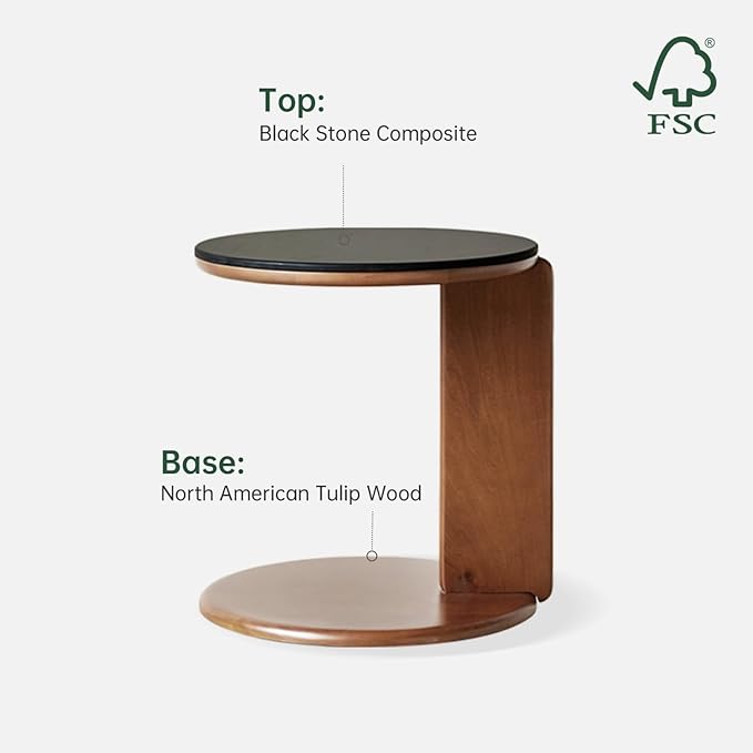 YESWOOD Round Coffee Table, Wood Coffee Table Side Table with Sintered Stone Top, Mid Century Morden Table,Small Coffee Table Living Room Table for Bedroom Balcony Living Room (17.7" D x 18.9" H)