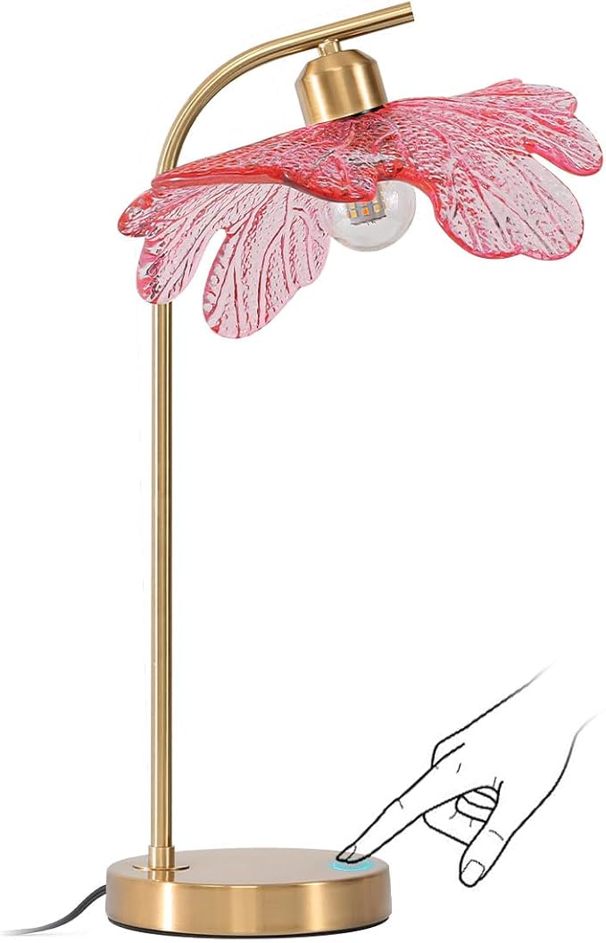 Pink Glass Table Lamps Mid Century Modern Table lamp Gold Desk lamp Tall Table Lamp Touch Nightstand Lamp with Flower Design Bedside Table Lamp for End Table Side Living Room Girl's Room