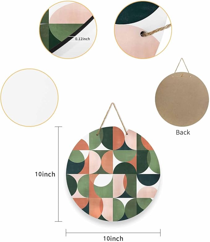 Welcome Sign for Front Door Mid Century Geometric Wood Door Hanger for Outdoor Outside Porch,10 Inch Round Wooden Wreath Indoor Wall Hanging Decoration, Abstract Modern Green Orange