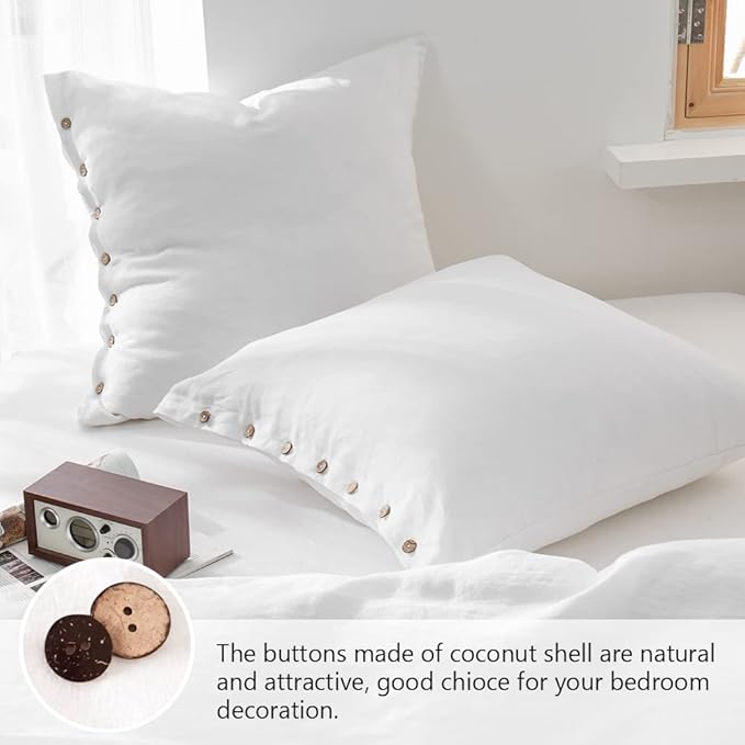 Simple&Opulence 100% Linen Euro Shams with Coconut Button (26'' x 26'') - Pack of 2 - Washed Solid Color Natural Flax Soft Breathable - White