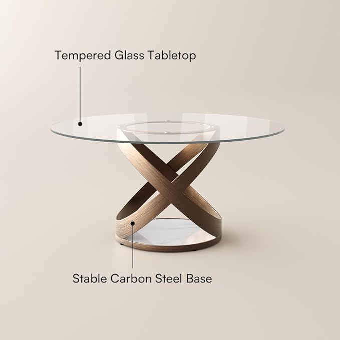POVISON 59" Modern Round Dining Table, Glass Round Kitchen Table for 6, Glass Dining Room Table Top with Bronze X Carbon Steel Base for Dining Room (Dining Table Only)