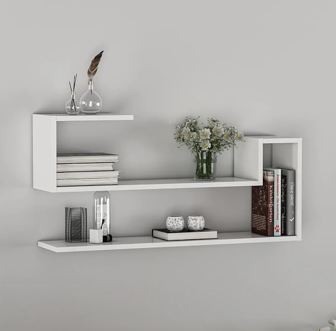 Geometric Wall Shelf: Modern MDF Floating Bookshelf (White)