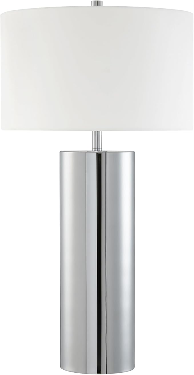 Henn&Hart 29.5" Mid-Century Modern 1-Light Table Lamp with White Fabric Drum Shade for Living Room, Bedroom, or Office, Polished Silver