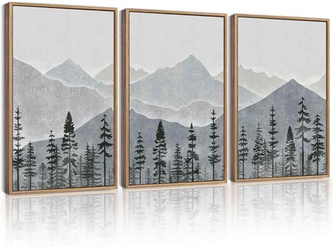 KUVIOKE Mountain Landscape Framed Wall Art Watercolor Nature Forest Painting Boho Farmhouse Rustic Room Decor for Bedroom Dining Room 16x24in (Natural Framed)