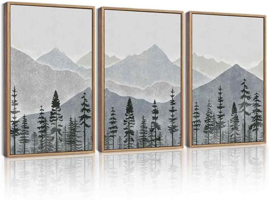 KUVIOKE Mountain Landscape Framed Wall Art Watercolor Nature Forest Painting Boho Farmhouse Rustic Room Decor for Bedroom Dining Room 16x24in (Natural Framed)