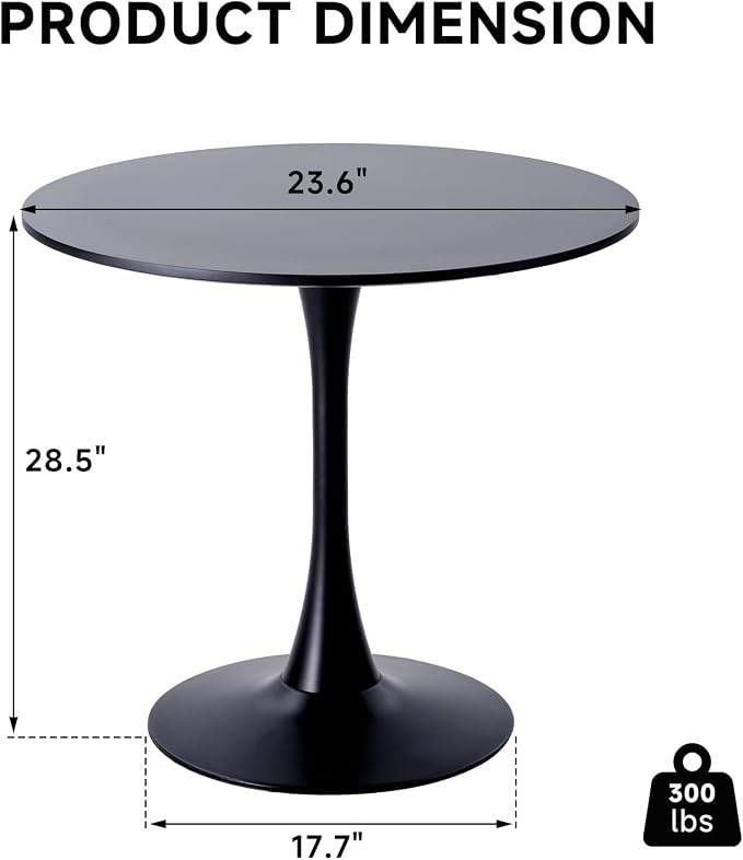 23.6" Round Dining Table for 2-4 Modern Circle Tulip Table with Metal Tulip Pedestal Base for Kitchen Dining Living Room Apartment Small Space Cafe, Black
