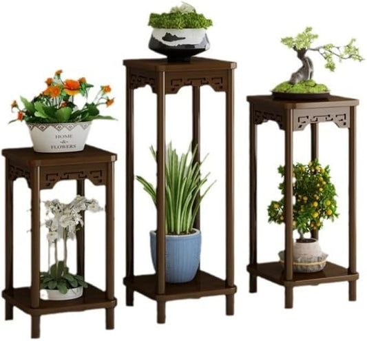 Wooden Plant Stand Set, Brown, Traditional Chinese Style, Multi-Tier Display Stands for Indoor Outdoor Garden