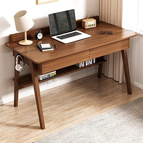 Writing Desk, Home Office Workstation Computer Desk Mid-Century Modern Walnut Desk with 2 Drawers and Storage Shelves(47 Inch, Walnut)
