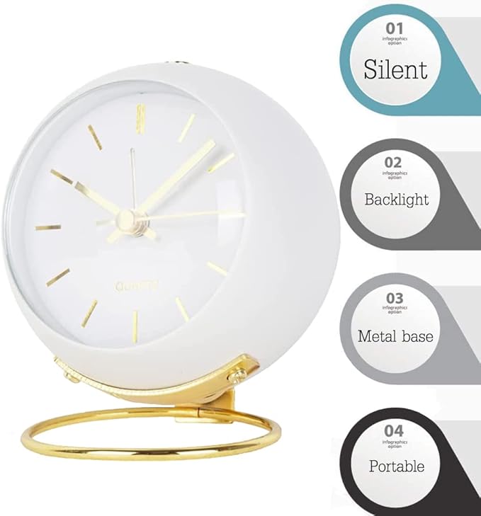 SHISEDECO Small Tableclocks Classic Non-Ticking Tabletop Alarm Clock with Night Light, Battery Operated Deskclock with HD Glass for Living Room Bedroom Bedside Indoor Decor (RN-White)