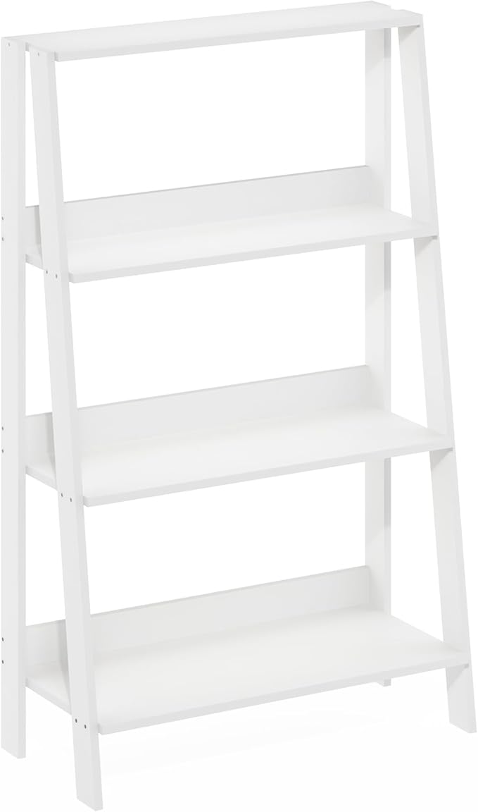 Furinno Ladder Book Shelf, 4-Tier Ladder Shelf, Open Design Bookshelf, Display Storage Bookcase, 10.9" x 23.6" x 38.4", Living Room, Home Office, White