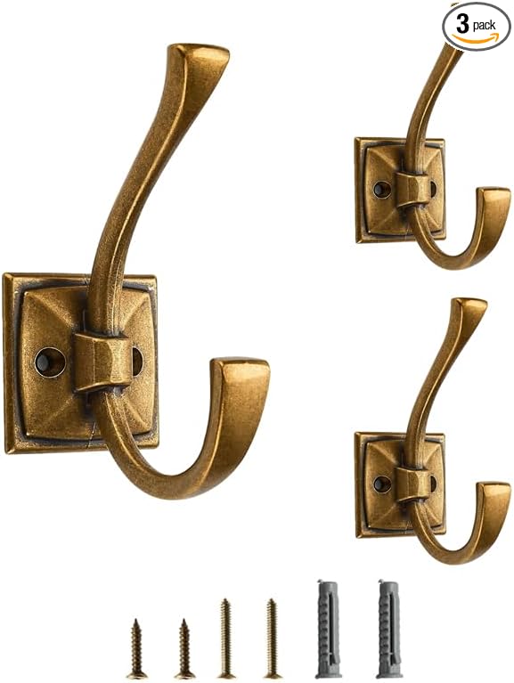 3 Pack Decorative Heavy Duty Towel Hooks for Hanging Robe Double Vintage Antique Brass Coat Hooks Wall Mounted with Screws for Key, Towel, Bags, Cup, Hat
