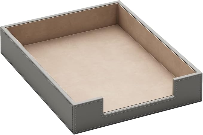 Leather Letter Tray, AUVAHOX Elegant Desk Organizer for Office Supplies, Mail, Paper, File, Magazine, Perfect Space Saver for Desk (Grey)