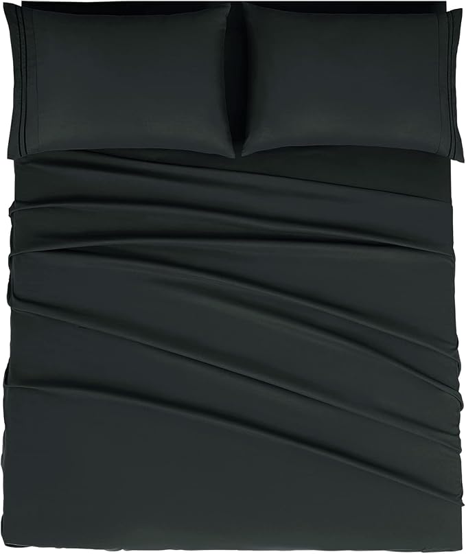 Mejoroom Queen Size Sheet Set - Hotel Luxury 1800 Bedding Sheets & Pillowcases - Deep Pocket Fitted Sheet, Soft, Breathable, Wrinkle & Fade Resistant - 4 Piece (Queen, Black)