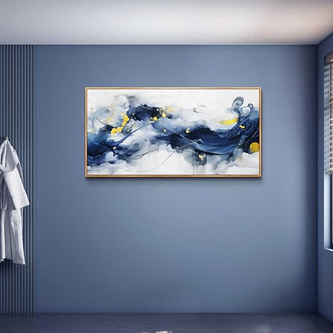 hyidecorart Wood Framed Wall Art For Living Room Large Size Wall Decor For Office Bedroom Wall Decorations Pictures Artwork Blue Abstract Ink Paintings Canvas Art Prints Ready To Hang Home Decor