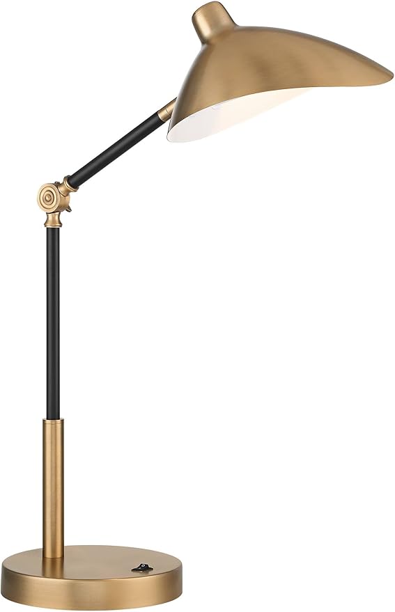 360 Lighting Colborne Mid Century Modern Industrial Desk Table Lamp LED with USB Charging Port 28" Tall Antique Brass Black for Living Room Bedroom House Bedside Nightstand Home Office