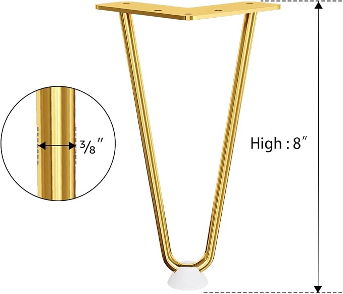 SMARTSTANDARD 8 Inch Hairpin Furniture Legs, 3/8'' Rods Metal Home DIY Projects for Nightstand, Coffee Table, Bed with Rubber Floor Protectors, Gold Set of 4PCS