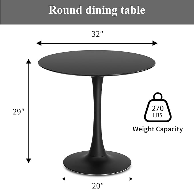 32" Black Round Dining Table Set of 2, Mid-Century Modern Tulip Circle Kitchen Table with Thickened Top & Sturdy Pedestal Base, Small Round Bistro Table for 4 People, Space-Saving, Easy Assembly