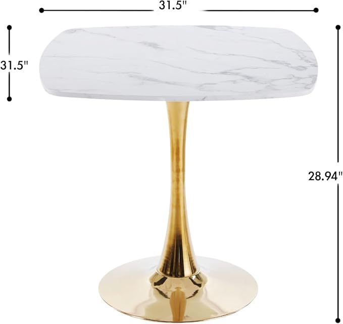 31.5 Inch White and Golden Square Dining Table for 2-4 Person,Mid-Century White Tulip Table Kitchen Dining Table with MDF Tabletop and Pedestal Base for Home Kitchen
