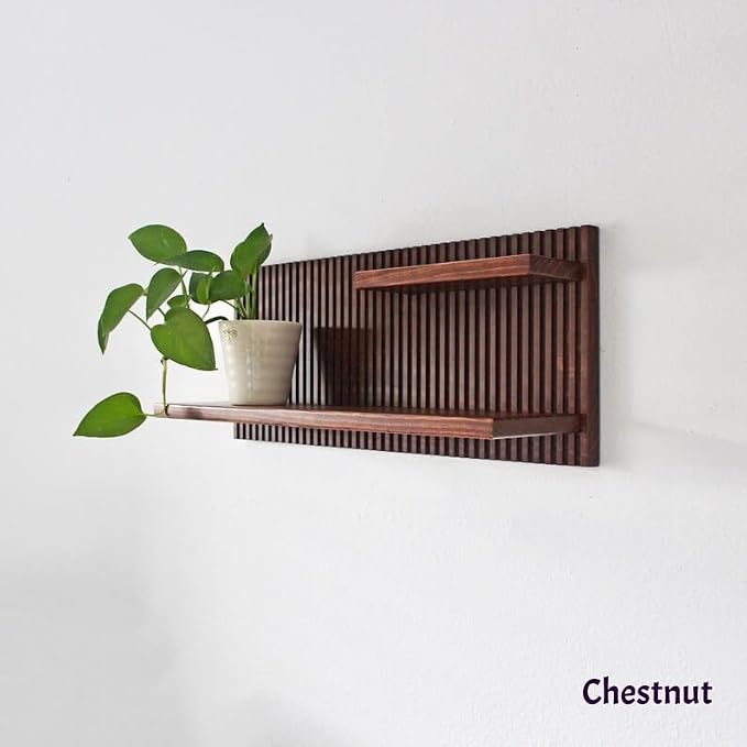 Fluted Wood Wall Shelf - Mid-Century Modern Style with Larger Bottom Shelf