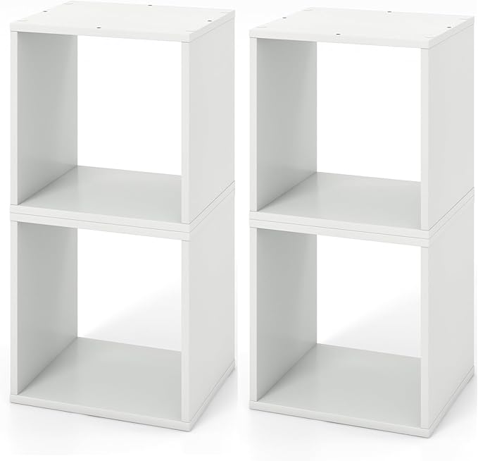 Giantex 4 Cube Bookshelf Organizer, 2-Tier Stackable Cube Storage Organizer, Small Wooden Open Book Shelf with Anti-toppling Device, Wood Floor Standing Display Shelving Bookcase, White