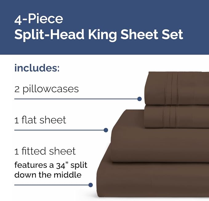 Flex Top Split Head King 4 Piece Sheet Set - Ultra-Soft, Breathable & Cooling Bed Sheets Set - Hotel Luxury Bedding for Women & Men with Deep Pockets - Wrinkle Free & Fade Resistant - Oeko-Tex - Brown
