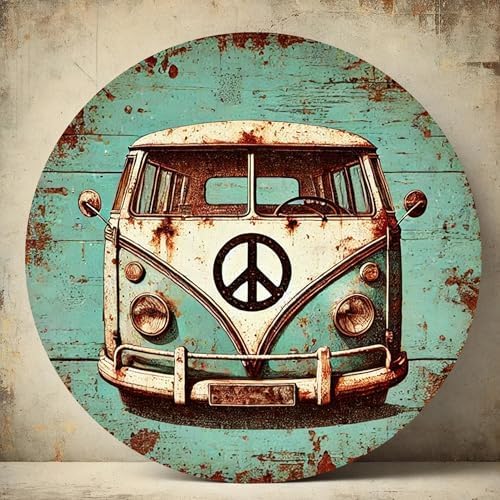 1pc Vintage Hippie Van Peace Sign Aluminum Wall Art, Retro Distressed Metal Plaque, Novelty Home Bathroom Decor for Room,(8x8 Inch), Aesthetic, Perfect for Room Decor