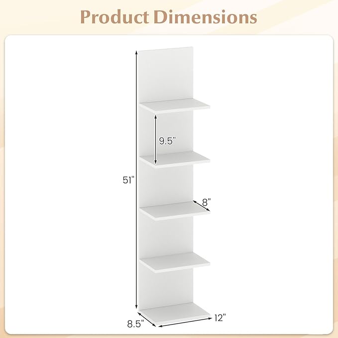 LOKO 5-Tier Wall Shelf, Vertical Column Storage Organizer with Expansion Screws, Decorative Wall Mounted Shelving, Floating Wooden Display Shelf for Living Room, Kitchen, Bathroom (1,White)