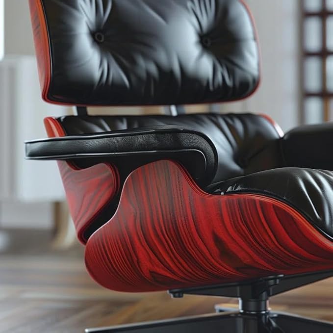 Top Black Grain Leather, Mid Century Chaise Lounge Chair and Ottoman, Modern Chair Classic Design, Red Rosewood, Heavy Duty Base Support for Living Room Office