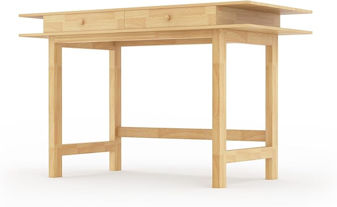 Double-Top Solid Wood Desk - 48-Inch Mid-Century Modern Writing Table with Drawers for Home Office, Study, and Creation, Rubberwood Computer Desk in Honey Oak