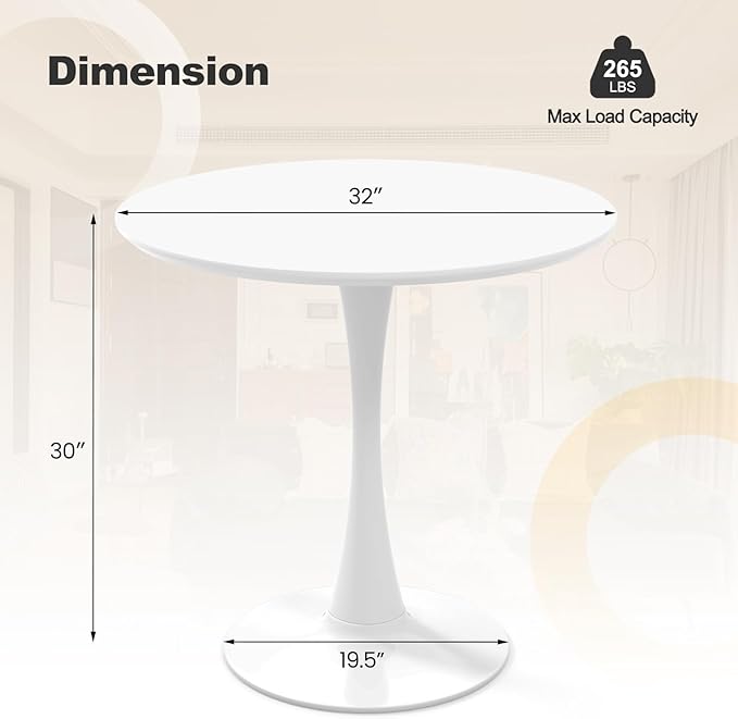 Giantex White Round Dining Table, 32-inches Modern Tulip Kitchen Table with 0.9” Thickened Tabletop & Sturdy Metal Pedestal, Mid-Century Leisure Table for Small Places, Dining Room, Living Room, Cafe