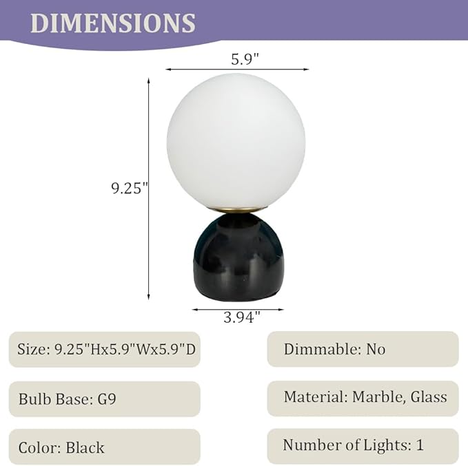 Meefad Globe Bedside Lamp, Modern Cute Night Light with Glass Shade, Marble Base, Small Table Lamp for Bedroom - Black