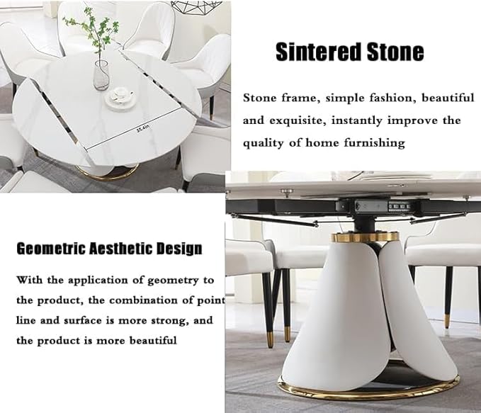 59'' Round Marble Dining Table Set with 6 Chairs for 6-8, Kitchen Table, Dining Room Table Set Petal Pu Leather & Metal Base